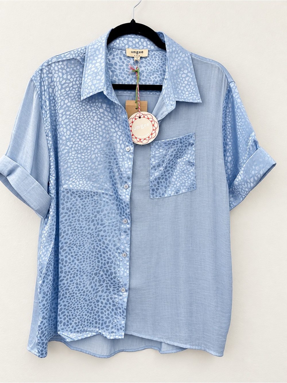 Umgee Light Blue Short Sleeve Mixed-Texture Button Down Shirt